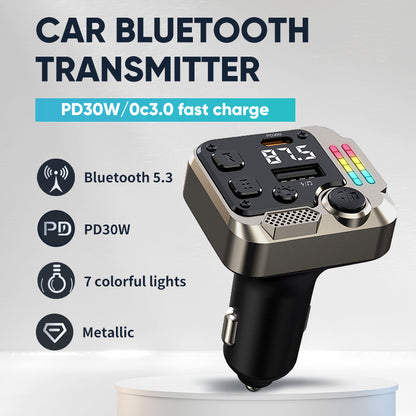 USB  Car Charger, Bluetooth 5.3 FM Transmitter Car Adapter [Stronger Dual Mics & HiFi Deep Bass Sound] 30W PD & QC 3.0 USB C Car Charger Cigarette Lighter Adapter Hands-Free Calling Radio Support USB Drive